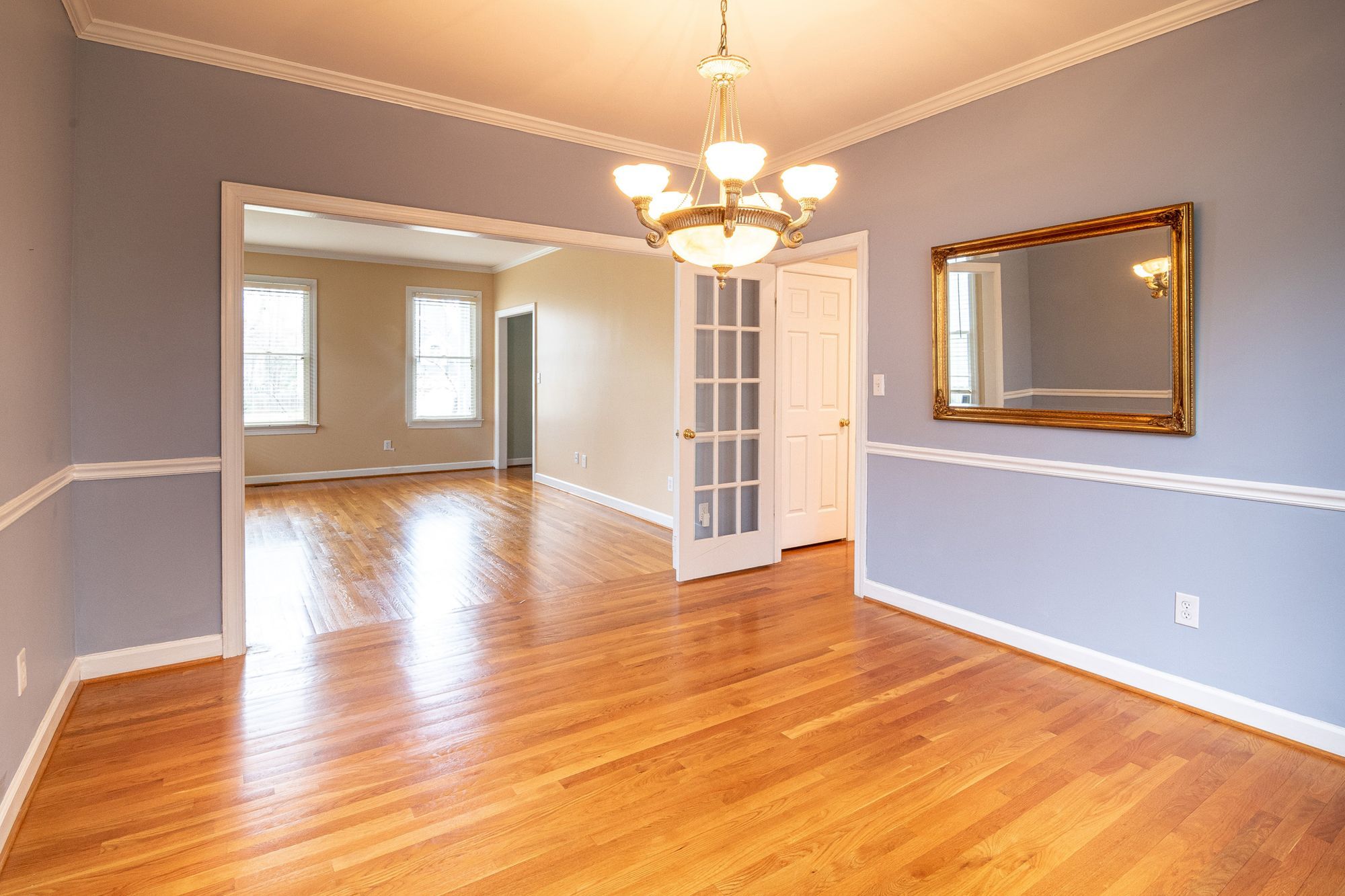 An empty room with hardwood floors and afternoon sun through the windows